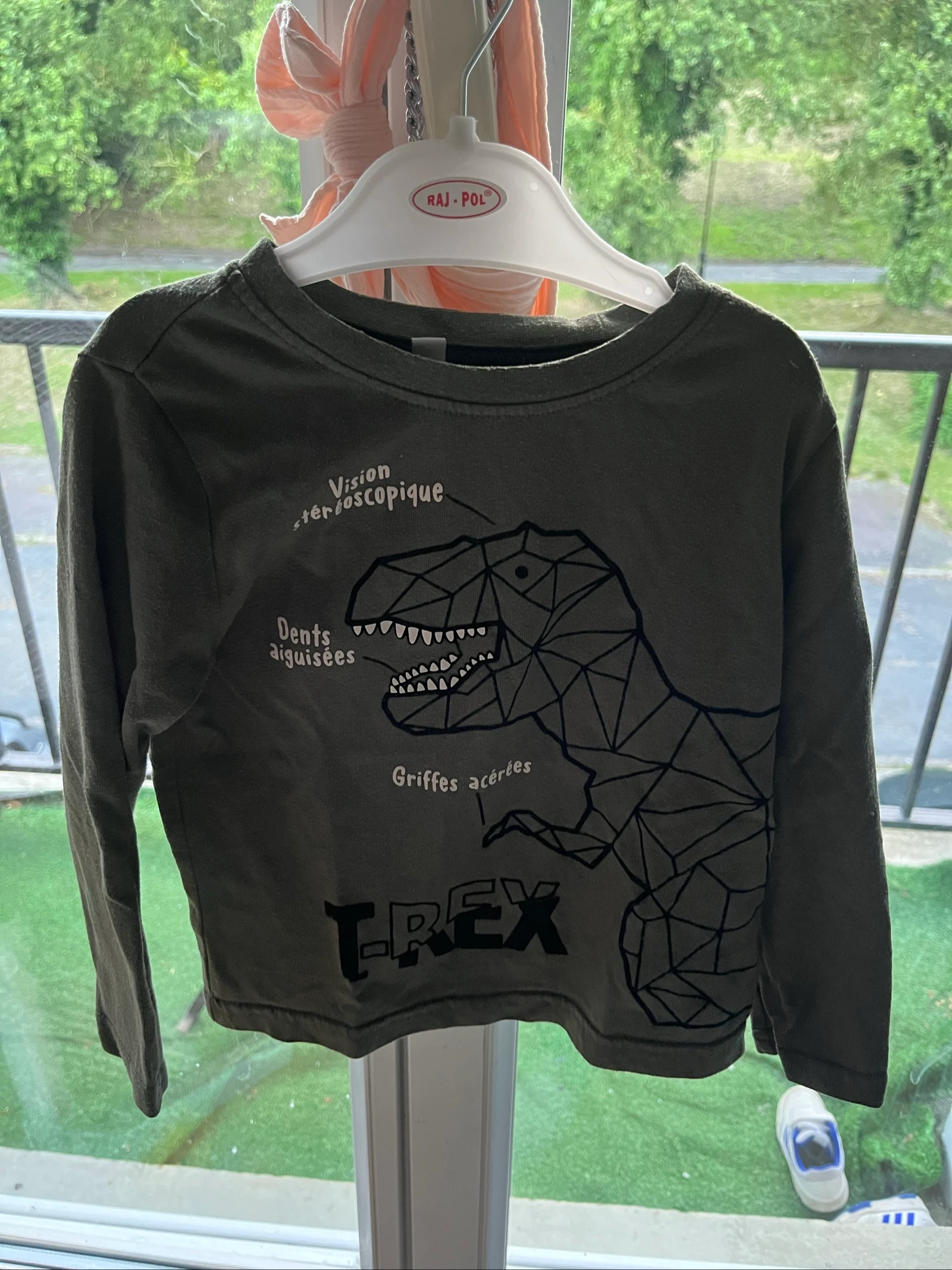 T-shirt manches longues vert kaki Dinosaure T-Rex 3 ans 
